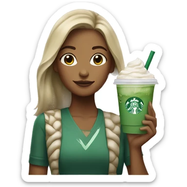 Girl with iced matcha latte Starbucks sticker