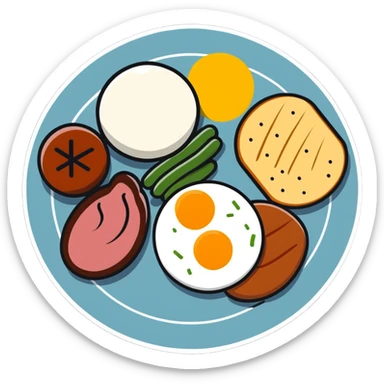 A colorful plate with protein foods: meat, egg, beans, tofu, and yogurt served together. sticker