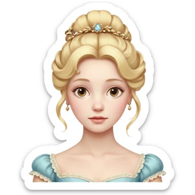Cinematic Realistic Rococo Portrait, depicted with lifelike skin texture, subtle rosy undertones, and soft natural lighting that enhances the gentle contours of her face. Her intricately detailed golden blonde hair is elegantly styled in an updo, sticker
