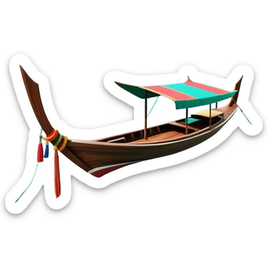 ​Cinematic Realistic Authentic Thai Longtail Boat, depicted as a traditional wooden longtail boat with a sleek, elongated hull and a brightly painted canopy, its long tail fin cutting gracefully through turquoise waters under a clear tropical sky, rendered with vibrant textures and dynamic natural lighting that captures its rustic charm and cultural heritage, sticker