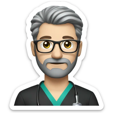male dark blond with grey beard doctor with blue-green eyes and wire glasses in black scrubs holding a paintbrush sticker