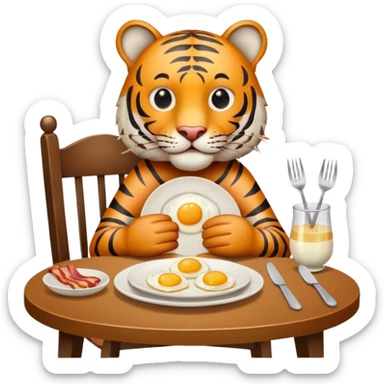 Tiger sitting by a table on a chair with a plate of 2 eggs and bacon in front of him on the table place setting sticker