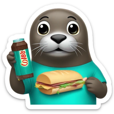teal seal eating a sandwich with a bottle of soda and a chocolate bar sticker