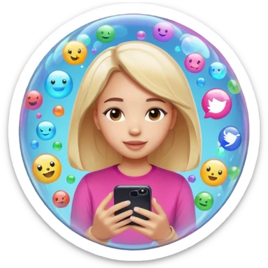 a girl inisde a buble watching her phone and put apps floading around do tik tok instagram and snapcjat sticker