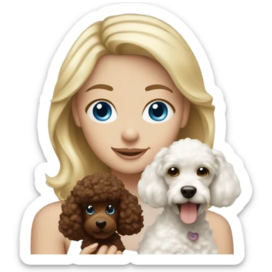 Blonde girl with blue eyes holding a chocolate brown and white poodle  sticker