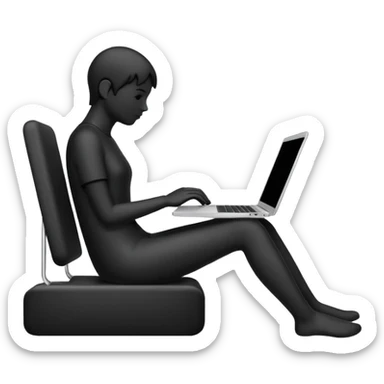 Minimalistic flat vector icon, iOS style, thin black contour on white background. Person silhouette sitting with a laptop, code brackets <> on the screen. Clean, no te sticker