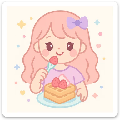 chica sonriente comiendo wafles con frutilla, estilo soft girl, ambiente acogedor, colores pastel sticker