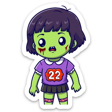 zombie girl with short wavy hair and black bangs, greenish skin sticker