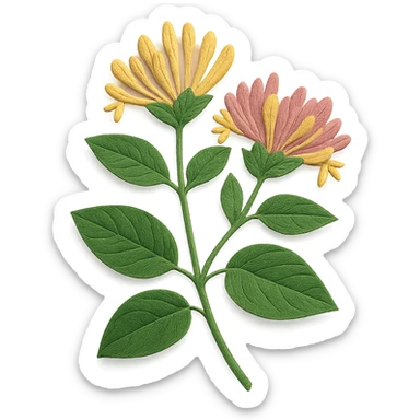 very detailed honeysuckle plant, intricate cut paper textures, green leaves, clusters of tubular yellow and pink flowers, realistic details sticker