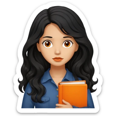 Long Hair Women with orrange Book, Black wavy hair, sad

 sticker