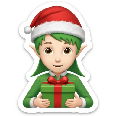 elf wearing a santa hat holidng a xmas present make his unfiorm green adn red sticker