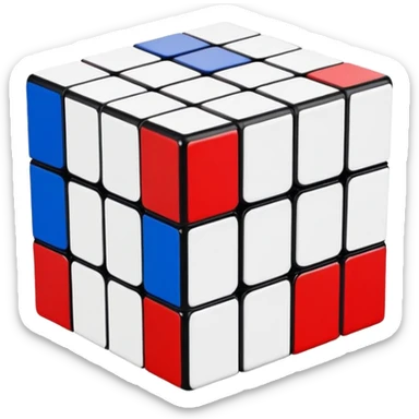 A partially solved 3x3 Rubik's Cube with only blue, red, and white colors, simple clean iOS emoji style sticker