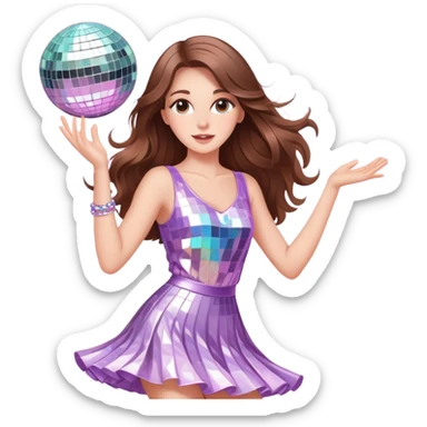 Girl with long brown hair  white girl dancing like nobody’s watching, cute elegant quirky  discoball in background pastel  sticker