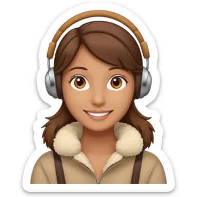 A girl wearing beige ear muffs, tan skin, brown hair, brown eyes smiling sticker