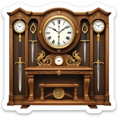 Icon for Antiques Collecting: a vintage clock, intricately carved furniture, famous paintings, antique swords, and rifles. The items are displayed on a wooden table or shelf. The icon should evoke the rich history and craftsmanship of antique collecting. Transparent background. sticker