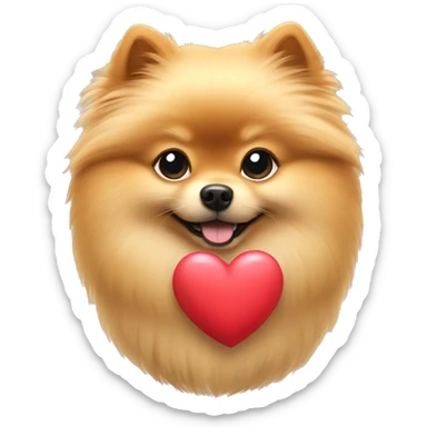 Beige pomeranian holding a heart sticker