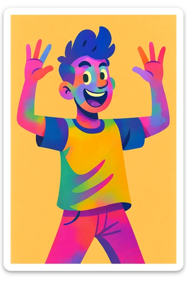 Make the man's skin colorful, with vibrant, lively hues and a playful, artistic look, keeping the energetic style and expression. sticker