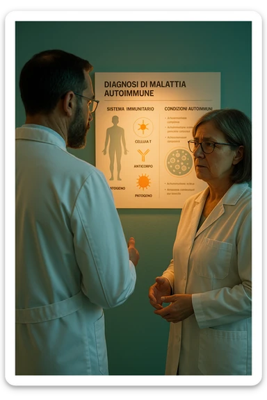 Foto tutta in italiano Realistic, detailed photo taken from behind of one doctor e un paziente —a bearded man and a middle-aged woman—standing and facing each other as they discuss an autoimmune disease diagnosis in front of a medical chart that displays information about the immune system and autoimmune conditions. The scene is illuminated by a yellowish, orange, warm light that softly envelops the doctors. The entire room is bathed in a single green-blue color, creating a cohesive and modern atmosphere. Both doctors wear white coats, and their body language suggests a serious, professional conversation about the complexities of autoimmune diseases. Shot with a Canon EOS R5, with high detail and natural depth of field. scritto in italiano sticker