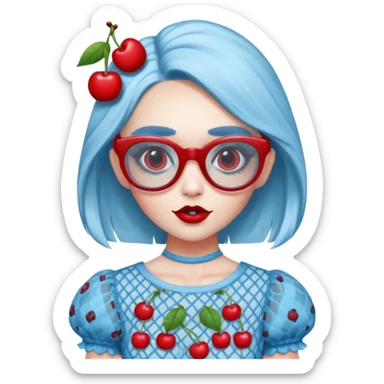 Ghoulia yelps monster high doll in scene/emo style cherry print dress with fishnet sleeves, clothes, thin, small, red, rectangle glasses, pale white-blue skin sticker