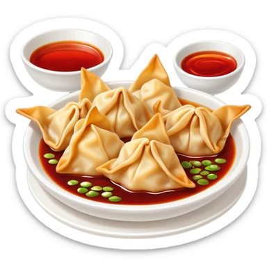 Chengdu Long Chaoshou wonton with red oil sauce on top, simplified emoji style with bold outlines and bright colors, cartoon style Sichuan style wontons sticker