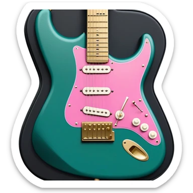 minimalist electric guitar in dark green with pink and blue stripe decal, closed inside a black rectangular hard case with gold latches, flat semi-3D style, soft matte textures, simplified details, stylized decal accent, alternate angle sticker