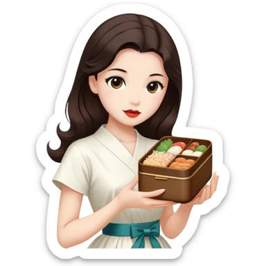 Beautiful woman in 1950’s woman fashion look, white dress, long dark brown hair, Japanese bento sticker
