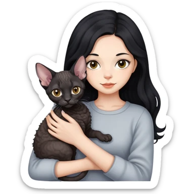 A girl with long black hair holding a Devon cat sticker