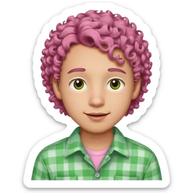 emoji of a young man with light skin, big brown eyes, soft smile with braces, full pink lips, curly hair, warm gaze, wearing a green and white buttoned-up shirt sticker