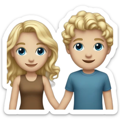 Girl with blonde wavy hair and blue eyes holding hands with blonde boy with white skin and brown eyes sticker