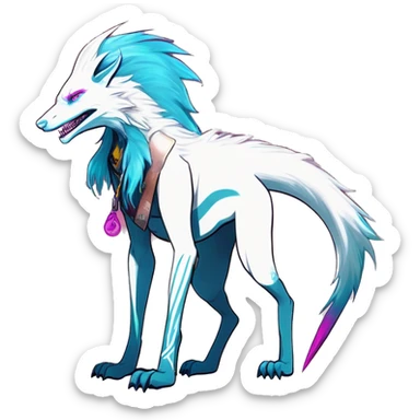 White badass elegant wild beautiful natural cute badass epic anthro modern albino sergal-vernid-creature with cyan mane and magenta eyes with cyan edgy stripes, full body, blue pretty hair, outside, modern, aesthetic, art by LiLaiRa, art by art by Falvie sticker