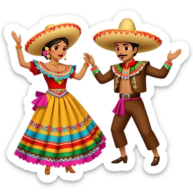 Cinematic Realistic scene of two performers dancing the Jarabe Tapatío, dressed in colorful traditional Mexican costumes with intricate embroidery, captured in energetic, festive motion with vibrant, celebratory lighting sticker