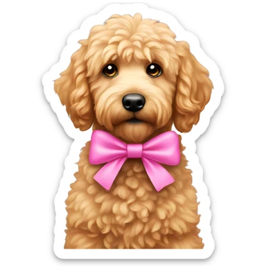 Mini golden doodle wearing a pink bow sticker