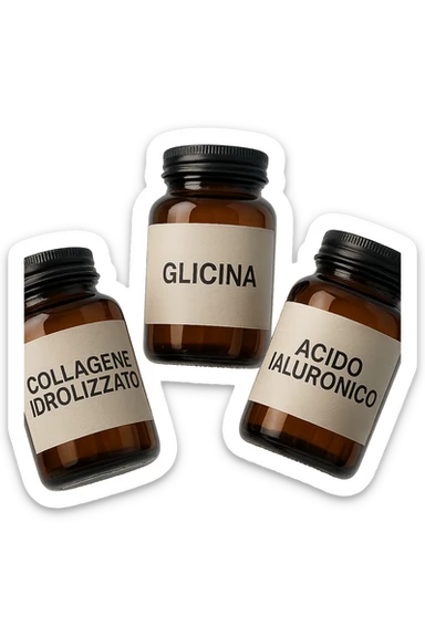 3 BARATTOLI DI INTEGRATORE CON LA SCRITTA: COLLAGENE IDROLIZZATO, GLICINA, ACIDO IALURONICO FLUTTUANO IN ARIA, IPERREALISTICA 4K sticker