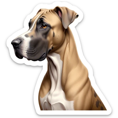 Cinematic Noble Fawn Great Dane Portrait Emoji, Poised and regal, with a towering, muscular build and a sleek, well-groomed solid fawn Fur accented by subtle dark markings, deep-set soulful amber eyes, Simplified yet sharp and sophisticated features, highly detailed, glowing with a soft, dignified glow, high shine, intelligent and gentle, stylized with an air of majesty, focused and attentive, soft glowing outline, capturing the essence of a watchful and confident guardian, so majestic it feels as though it could stride out of the screen with effortless authority! sticker