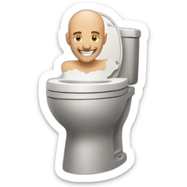 a man popping out of the toilet hole, the man has a shaved head and smiling sticker