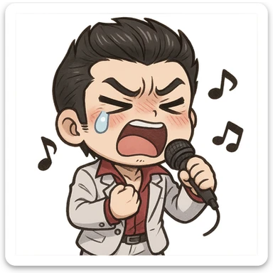 chibi Kiryu, big head, tiny body, singing with passion, eyes squeezed shut, mouth open, dramatic tear, blushed cheeks, fist at chest, holding microphone, music notes, white suit, red shirt, slicked-back hair, cute and comedic, chibi style sticker