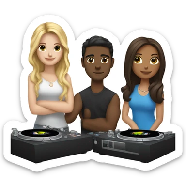 3 people: a white girl with dark hair, a brown girl, and a white guy behind DJ turntables together sticker