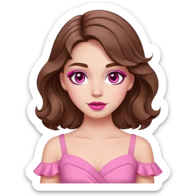 cô gái da trắng tóc nâu gợn sóng mặt V-line với make-up tone hồng mặc áo đầm màu hồng sticker