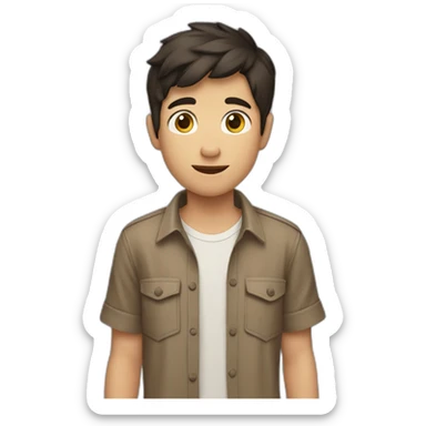 short dark hair white young boy in brown button up shirt with a tshirt under holding an arm in his hand sticker