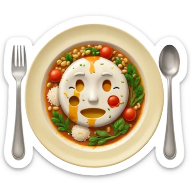 3D emoji of a dirty plate after eating, leftover food scraps, vegetable pieces, rice grains, sauce stains on the plate, fork and spoon placed beside the plate, no face, no character, no human features, realistic food leftovers, clean and simple background, soft lighting, high quality, emoji style sticker
