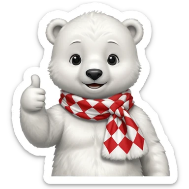 baby Polar Bear, smiling, thumbs up, wearing red Checkered Triangle scarf sticker