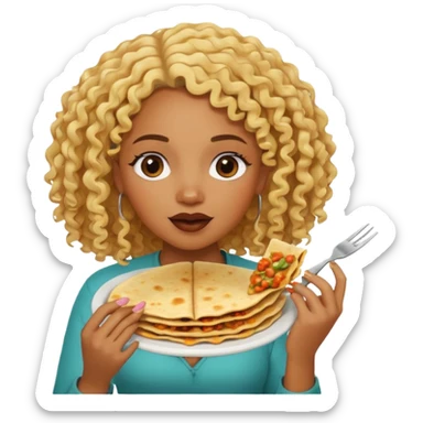 mujer con pelo rubio rizado comiendo quesadillas quemadas.negraa sticker