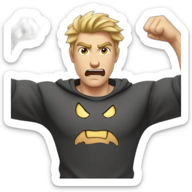 light haired angry young man in dark t-shirt with fists clenched over his head sticker