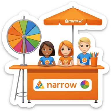 emoji of a recruitment booth. Two cartoon figures stand behind an orange table with 'MARROW, be a match' branding, a colorful spinning wheel, and a branded vertical banner. Simplified and cute. No fruit sticker