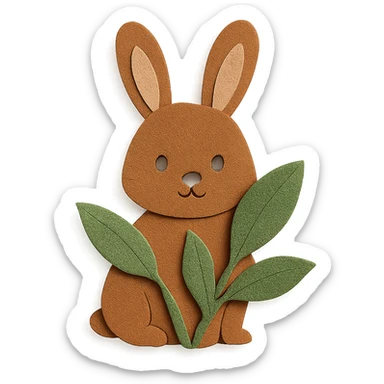 full-body cinnamon bunny peeking behind a plant, paper-craft style, ears symmetrical and matching sticker