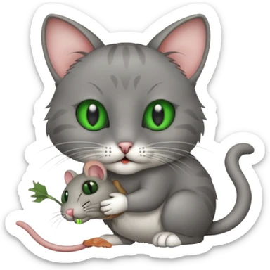 A cat holding a gray dead mouse in its mouth sticker