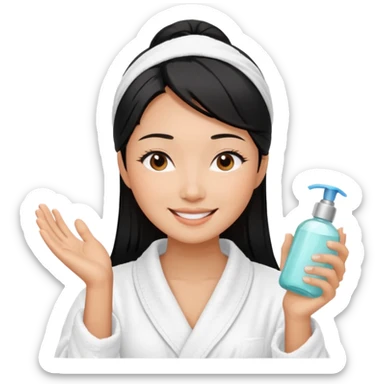 A black-haired East Asian woman smiling with a satisfied, relaxed expression. She is wearing a bathrobe, in the middle of her skincare routine, and her skin looks radiant. sticker