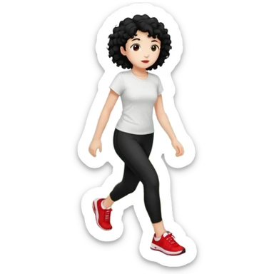 generate a pretty bratz fair skinned girl with curly black hair wearing a white tshirt trekking on a hill with red sneakers on and black leggings. Show HILLS around her sticker