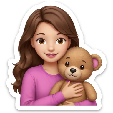 girl with long wavy brown hair, brown eyes, light to medium complexion, in a pink shirt, pink lips, long lashes, smiling, hugging a teddybear sticker