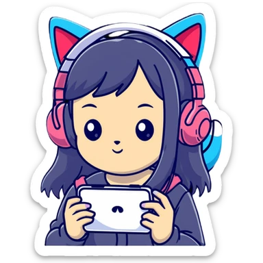 Super kawaii Japanese girl with long hair wearing cat ear headphones and holding a mobile phone sticker